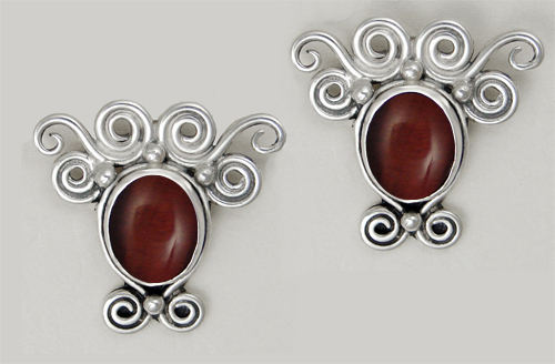 Sterling Silver And Red Tiger Eye Drop Dangle Earrings With an Art Deco Inspired Style